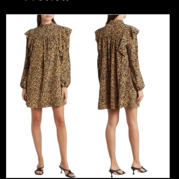 WAYF Pierce Leopard Print Long Sleeve brown/black Mock Neck Minidress Sz S - Picture 1 of 10